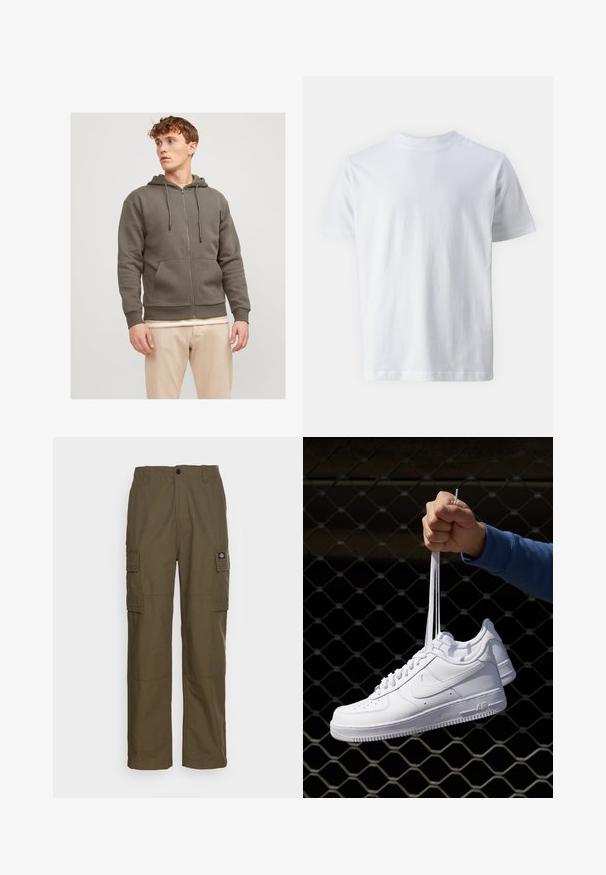 Jack & Jones JJEBRADLEY - Vetoketjullinen college - bungee cord; Valkoinen lyhythihainen t-paita, joka on valmistettu puuvillasta. Paitassa on pyöreä kaula-aukko ja sileä pinta, suora leikkaus ja ilman kuvioita.; Olivi vihreät cargo-housut, jotka on valmistettu kestävästä kankaasta. Ominaisuuksia ovat kaksi sivutaskua, normaali vyötärö ja suora lahje.; Valkoiset nahkasneakersit, joissa on rei'ityksiä, pyöreä kärki, tasapohja ja paksut nauhat, joissa on näkyvä swoosh-logo ja "AIR" kantapäässä.