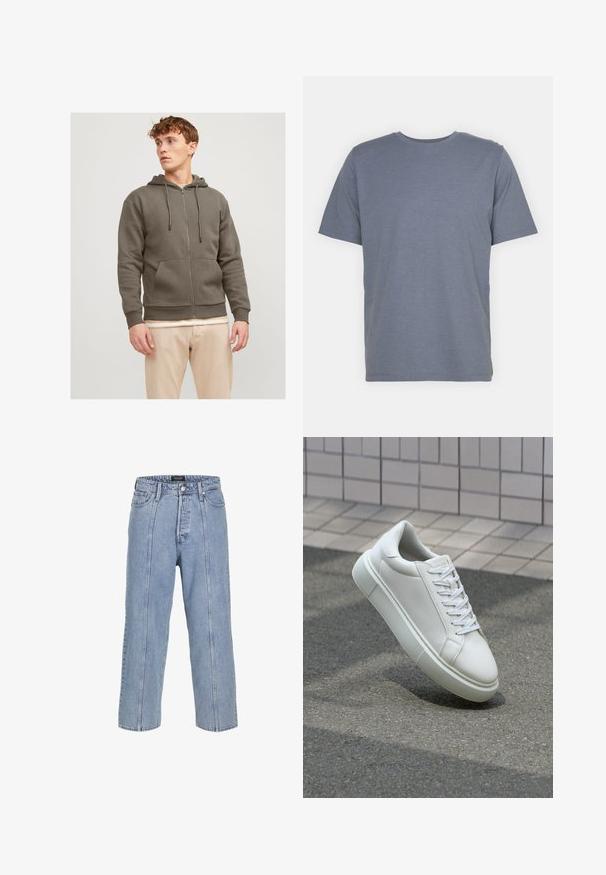 Jack & Jones JJEBRADLEY ZIP HOOD - Mikina na zip - bungee cord; Šedé tričko s krátkým rukávem a kulatým výstřihem, vyrobené z měkké bavlněné směsi. Jednoduchý design, bez vzorů nebo akcentů.; Světle modré džíny z denimu s volným střihem, širokými nohavicemi a viditelnými švy. Obsahují zapínání na knoflík a zip, pět kapes.; Bílé kožené tenisky s hladkým povrchem, kulatou špičkou a plochými bílými tkaničkami. Disponují texturovanou gumovou podrážkou a minimálními designovými prvky.