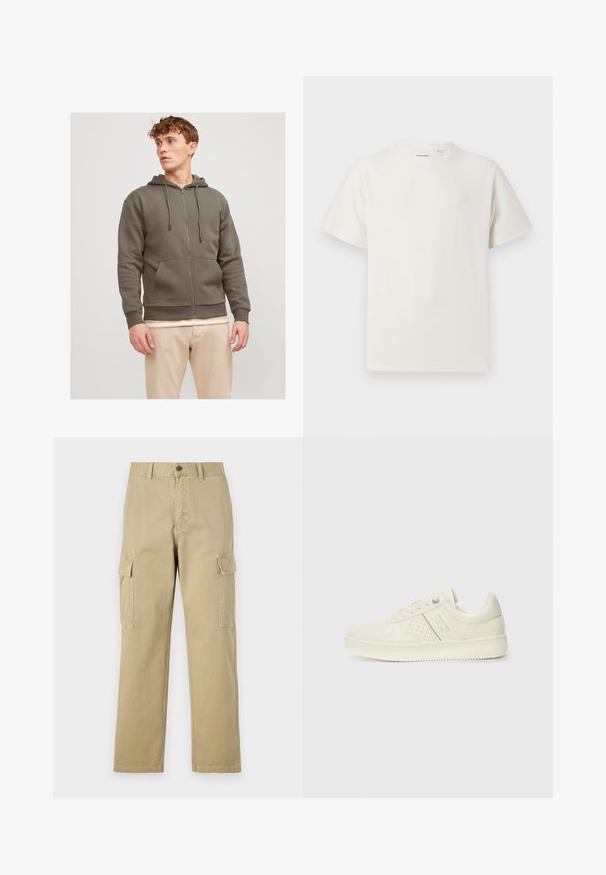 Jack & Jones JJEBRADLEY - Sweat zippé - bungee cord; T-shirt blanc à manches courtes en texture côtelée. Encolure ronde, coupe décontractée, sans motifs ni accents visibles. Design simple et polyvalent.; Pantalons cargo beiges en coton, dotés de deux poches latérales, d'une fermeture à bouton et de jambes droites avec un tissu légèrement texturé.; Sneaker couleur crème avec des détails perforés, des lacets et un logo sur le côté, présenté sur un fond blanc uni.