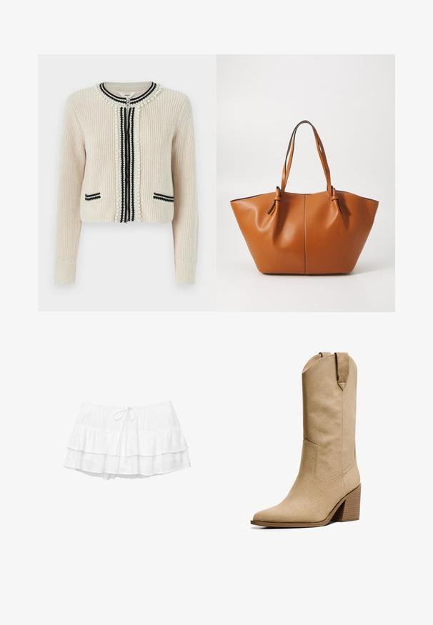 Gilet crème en tissu texturé, avec des accents en perles et un passepoil noir le long de la fermeture éclair et des poches. Design cropped avec des manches longues.; Top sans manches blanc en tissu texturé. Présente un col plongeant et un détail de laçage à l'avant avec des liens lâches. Ourlet volanté.; Jupe blanche à volants en trois niveaux, taille élastique et cordon de serrage. Fabriquée en tissu léger et texturé.; Bershka HIGH-HEEL - Bottes de cowboy / motard - beige; Sac fourre-tout en cuir marron avec une forme large et angulaire ; il possède deux longues poignées et une couture contrastante le long des bords.