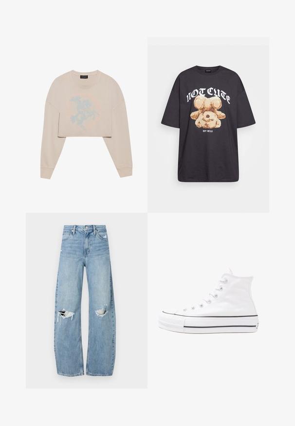 Béžový croppovaný sveter s dlhými rukávmi, s jemnou modrou grafikou jazdca na koni a okrúhlym textom okolo. Mäkká textura, voľný strih.; Čierne oversized tričko s grafikou medveďa a textom "NIE ROZTOMILÉ ALE DIVOKÉ" v tučnom bielom písmene. Bavlnený materiál.; Svetlomodré, vysoké džínsy vyrobené z denimu. Majú široké nohavice, dve roztrhnuté kolená a klasický päťvreckový strih.; Biele vysoké plátené tenisky s čiernou gumovou podošvou, prednou gumovou špičkou a šiestimi okami na šnúrky, s čistým, minimalistickým dizajnom.