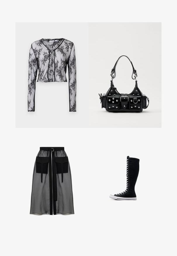 Caurejo melna mežģīņu ilgu piedurkņu tops ar ziedu rakstiem, īsā dizainā, V veida kakla izgriezumu un pogu aizdari priekšpusē. Mīksta tekstūra.; Melnā garām piedurknēm kroplika blūze ar augstu kakla izgriezumu, caurspīdīgu sieta paneli jostasvietā un strukturētām šuvēm pieguļošam dizainam.; Melnā caurspīdīgā svārka ar salikto jostasvietu, kas ietver divas lielas priekšējās kabatas, jostas saitīti un apaļu metāla akcentu.; Melni augstie sporta apavi ar augstu dizainu, izgatavoti no kanvas. Iezīmēti ar baltiem auklām, diegojumiem un gumijas zoli ar purngalu.; Melnas ādas rokturmais ar izliekumu, ar sudraba iedurtiem, sprādzi un divām sānu kabatām. Regulējams siksniņas garums dažādām nēsāšanas iespējām.