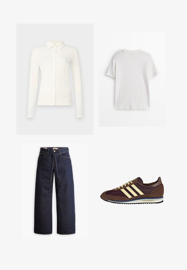Camicia bianca a maniche lunghe con coste, colletto e chiusura a bottoni. Il tessuto appare morbido con una sottile texture e un design aderente.; Maglietta bianca in cotone con maniche corte, collo rotondo e tessuto liscio. Il retro è semplice, senza motivi o disegni aggiuntivi.; Jeans in denim scuro a gamba larga con vita alta, dotati di un laccio, cinque tasche e dettagli di cucitura a contrasto.; Sneaker marrone e bordeaux realizzato in materiali scamosciati e in rete, caratterizzato da tre strisce color crema, tessuto testurizzato sulla linguetta e suola in gomma.