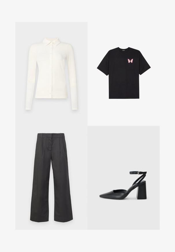 Bela, dolga majica z rebrastim vzorcem in ovratnikom ter gumbi spredaj. Tkanina se zdi mehka z blagim potiskom in prilegajočim se krojem.; Črna bombažna majica s kratkimi rokavi, ki ima majhen roza metuljček na levi strani prsnega dela. Majica s krožnim ovratnikom in sproščenim krojem.; Široke hlače iz črne tkanine, z visokim pasom, sprednjimi pregibi in diskretnimi žepi. Gladka tekstura z brezhibnim koncem.; Črne usnjene klasične čevlje z ostrim nosom, z zaponko za gleženj in debelim peto. Ravna tekstura, eleganten dizajn in minimalistična estetika.