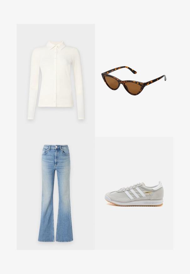 Camisa blanca de manga larga de canalé con cuello y cierre de botones en la parte delantera. La tela parece suave, con una textura sutil y un diseño ajustado.; Top de tirantes blanco sin mangas hecho de tela acanalada, con un escote redondeado y una silueta ajustada, con costuras mínimas y sin adornos.; Jeans acampanados de color azul claro, hechos de mezclilla, con una cintura alta, diseño de cinco bolsillos y un ligero degradado que va hacia el dobladillo.; Zapatilla de color gris claro hecha de ante y malla, con tres franjas blancas, punta redonda y suela de goma. Acento en logo dorado cerca de los cordones.; Gafas de sol estilo ojo de gato con montura de carey negra y naranja, lentes marrones y puntas elegantes y afiladas. Presenta un logo minimalista en la patilla.; Bolso de mano de cuero negro con una solapa y un detalle de hebilla de metal dorado. Incluye una correa negra y un diseño elegante y minimalista.