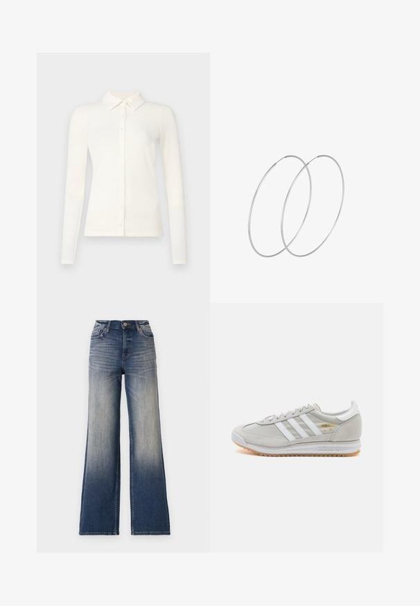 White, long-sleeve ribbed shirt with a collar and button front. The fabric appears soft with a subtle texture and fitted design.; White sleeveless tank top made of ribbed fabric, featuring a rounded neckline and a fitted silhouette, with minimal seams and no embellishments.; High-waisted wide-leg jeans in light to dark blue denim with fading, featuring a button closure and belt loops. Clean hem and no visible embellishments.; Light grey sneaker made of suede and mesh, featuring three white stripes, round toe, and a gum rubber sole. Gold logo accent near laces.; Silver hoop earrings with a minimalist design. Circular shape, smooth texture, and thin profile. Lightweight with a polished finish.