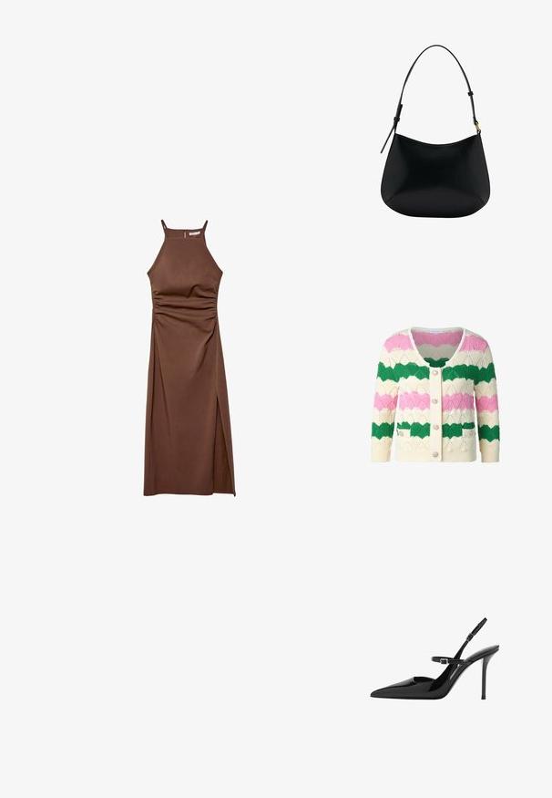 Strickjacke mit einem gewellten Muster in Grün, Pink und Creme, runder Halslinie, vorderseitigen Knöpfen und zwei vorderen Taschen.; Stradivarius HALTER - Etuikleid - dark brown; Schwarze Lackleder Slingback-High Heels mit spitzem Zeh, verstellbarem Riemen und Stiletto-Absatz. Glatte Oberfläche mit glänzendem Finish.; Schwarze Ledertasche mit schmalem Design, geschwungener Form und verstellbarem Griff. Verfügt über minimale Nähte und ein schlichtes Design.