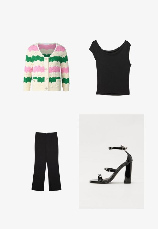 Pletená kardigan s vlnkovaným vzorem v zelené, růžové a krémové barvě, se zaobleným výstřihem, předními knoflíky a dvěma předními kapsami.; Černý krátký rukáv top vyrobený z hladké látky; má drapovaný výstřih a asymetrický lem, s přiléhavým střihem.; Černé kalhoty s rovným střihem, s předními kapsami a bočními rozparky na lemu. Vyrobené z jemné, hladké tkaniny. Vhodné na různé příležitosti.; Černé lakované sandály na podpatku se čtveratou špičkou, lýtkovými pásky a stříbrnými přezkami. Disponují masivním blokovým podpatkem pro stabilitu.