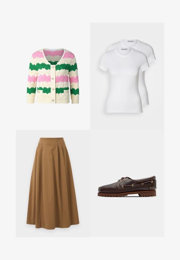 Gebreide cardigan met een geschulpte patroon in groen, roze en crèmekleurig, met een ronde halslijn, knopen aan de voorkant en twee voorzakken.; Twee witte katoenen t-shirts met korte mouwen, ronde halslijnen en een getailleerd silhouet, met een zachte textuur en minimalistisch ontwerp.; Bruine katoen A-lijn rok met een hoge taille, voorzien van plooien aan de voorkant en een gladde textuur. De zoomafwerking is schoon en eenvoudig.; Bruine leren bootsschoen met gouden oogjes, ronde veters en een gestructureerde bruine rubberen zool. Kenmerkt zich door gestikte details en een verhoogd logo.