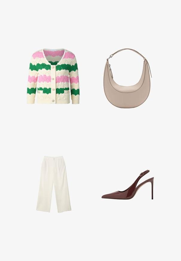 Pleteni kardigan s valovitim uzorkom u zelenoj, ružičastoj i krem boji, s okruglim izrezom, prednjim dugmadima i dva prednja džepa.; Svijetlosmeđa rebrasta majica kratkih rukava s izrezom u obliku luke i mekanom teksturom, koja se ističe krojem koji naglašava oblik i konture.; Hlače širokih nogavica od kremaste tkanine s glatkom teksturom, s jednim prednjim gumbom, suptilnim plitvicama i visokim strukom.; Tamnosmeđi lakirani kožni salonke s oštrim vrhom, sa remenom za zakopčavanje i tanjim stiletto potpeticom.; Bež kožna torba za rame u obliku polumjeseca, glatke teksture i s jednim zakrivljenim ručkom. Sadrži zatvor na zip i uredno šivenje.