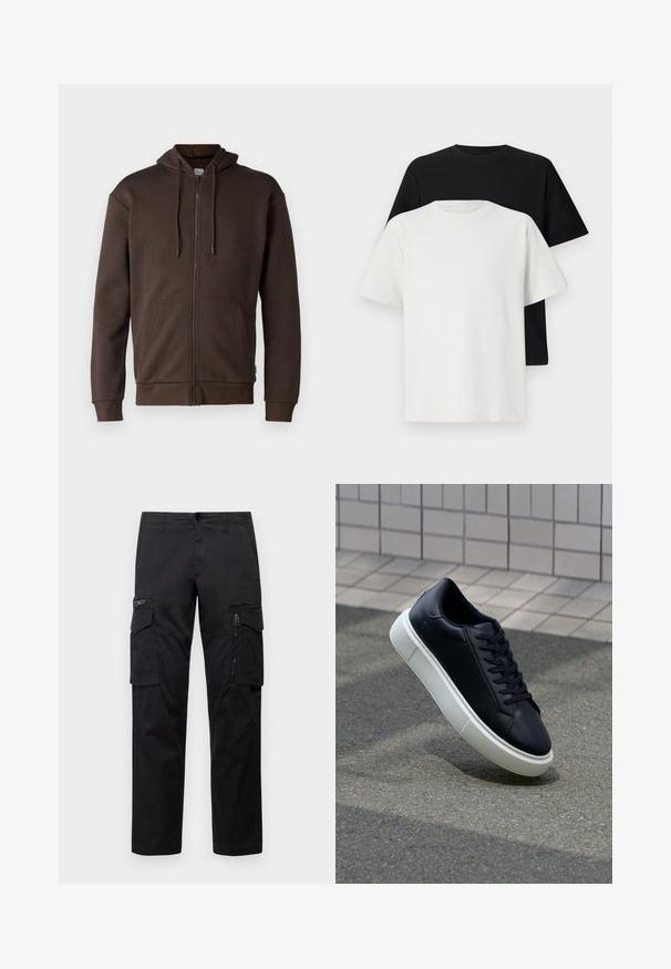Jack & Jones JJEBRADLEY ZIP HOOD - Sweatjakke - mulch; Sæt af bomulds T-shirts bestående af en sort top og en hvid top, begge med korte ærmer, rund halsudskæring og standard pasform. Tekstureret stof.; Sorte cargo-bukser med multiple lommer, en lynlåslomme på låret, lige pasform og holdbart bomuldsstof med let glans.; Sort lædersneaker med rund tå og hvid gummisål. Har flade snørebånd og minimal syning på overdelen. Tekstureret sål for bedre greb.