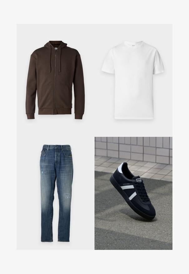 Jack & Jones JJEBRADLEY ZIP HOOD - Sweater met rits - mulch; Witte T-shirt met korte mouwen van zacht katoen. Heeft een ronde halslijn en een rechte zoom met minimale details.; Denim jeans in een vervaagde blauwe kleur, met een recht model, gematigde beschadigingen aan de voorkant en een klassieke vijf-pocket stijl.; Zwarte leren sneaker met witte strepen, een gestructureerde rubberen zool en vetersluiting aan de voorkant. Voorzien van een merklabel op de tong.