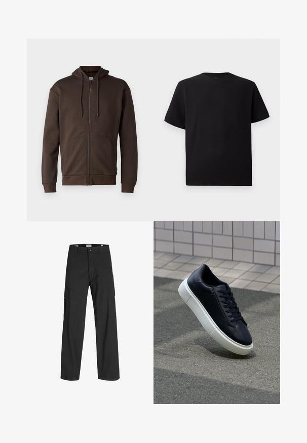 Jack & Jones JJEBRADLEY - Sweatjacke - mulch; Schwarzes Kurzarm-T-Shirt aus strukturiertem Stoff, mit einem Rundhalsausschnitt und einer lockeren Passform. Einfach, ohne Muster oder Akzente.; Schwarze Cargo-Hosen mit lockerem Schnitt, aus Baumwolle gefertigt. Verfügen über zwei Seitentaschen und einen Knopfverschluss, entworfen für Funktionalität und Komfort.; Schwarze Leder-Sneaker mit runder Zehenpartie und weißer Gummisohle. Verfügt über flache Schnürsenkel und minimale Nähte im Obermaterial. Strukturiertes Sohlenprofil für besseren Halt.