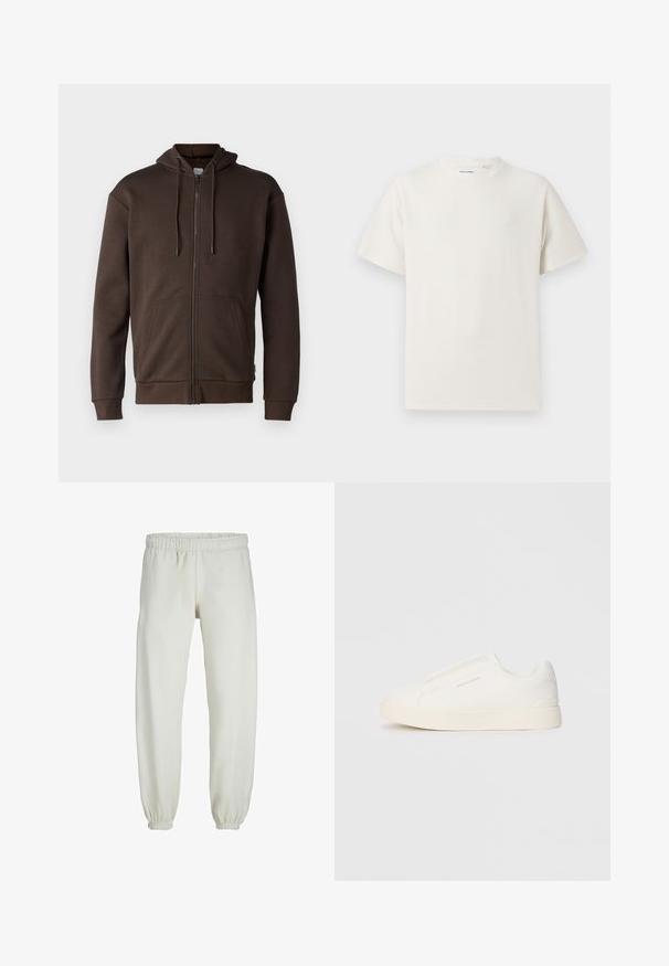 Jack & Jones JJEBRADLEY - Bluză de molton cu fermoar - mulch; Tricou alb cu maneci scurte, dintr-un material ribbed. Guler rotund, croi lejer, fără modele sau accente vizibile. Design simplu și versatil.; Pantaloni de trening albi, realizati dintr-un textile moale, avand talie elastica si mansete, cu o textura fina si un design lejer.; Tenisi albi slip-on cu o suprafață texturată, talpă groasă și un design minimalist. Prezintă logo-ul brandului pe lateral.