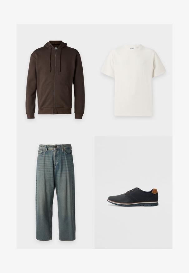 Jack & Jones JJEBRADLEY ZIP HOOD - Sweatjacke - mulch; Weißes T-Shirt mit kurzen Ärmeln in gerippter Textur. Runder Ausschnitt, lockere Passform, keine sichtbaren Muster oder Akzente. Einfaches und vielseitiges Design.; Helle blaue Denim-Jeans mit lockerer Passform, mittelhoher Taille und geraden Beinen. Hat fünf Taschen, Gürtelschlaufen und einen Knopfverschluss.; Schwarze synthetische Schuhe mit einer strukturierten Oberseite, glatten Akzenten, braunem Absatz und einer kontrastierenden Sohle. Verfügt über minimale Schnürung und Nähdetails.