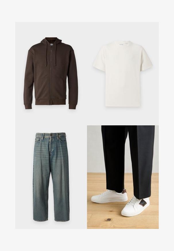 Jack & Jones JJEBRADLEY - Zip-up sweatshirt - mulch; White short-sleeve T-shirt in a ribbed texture. Round neckline, relaxed fit, no visible patterns or accents. Simple and versatile design.; Light blue denim jeans with a loose fit, mid-rise waist, and straight legs. Features five pockets, belt loops, and a button closure.; White sneakers with smooth texture, featuring brown leather accents and black detailing, paired with black tailored pants. Wooden floor background.