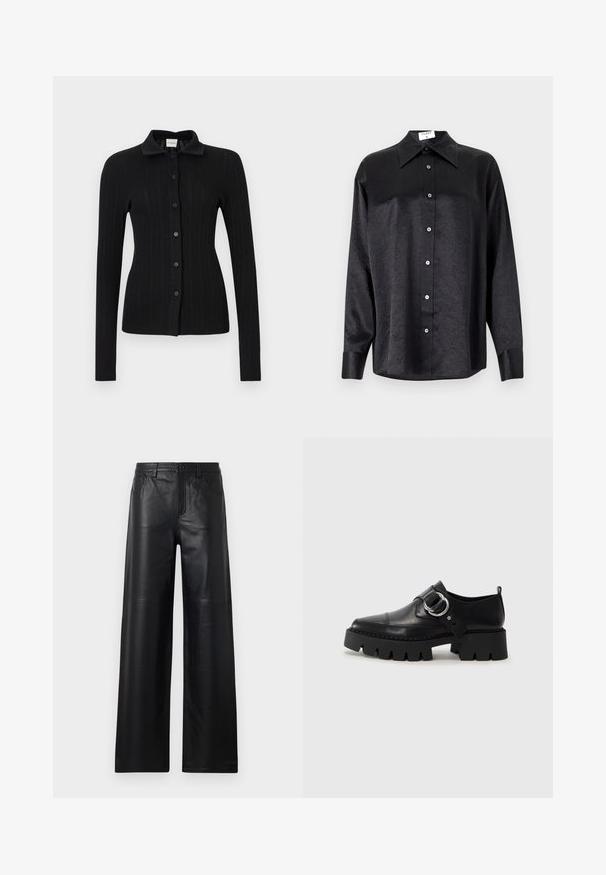 Crna rebrasta kardigan s ovratnikom, dugim rukavima i kopčanjem preko dugmadi. Ima teksturiranu površinu i uski kroj.; Crna košulja dugih rukava s ovratnikom, s naboranom teksturom, potpuno dugmadi naprijed i manžetama. Izrađena od glatkog materijala.; Široke crne kožne hlače s glatkom teksturom, koje imaju prednje džepove, kopčanje na dugme i suptilne detalje šivanja.; Crne kožne cipele s debelim, rebrastim potplatom, koje imaju okrugli srebrni detalj i minimalne šavove.