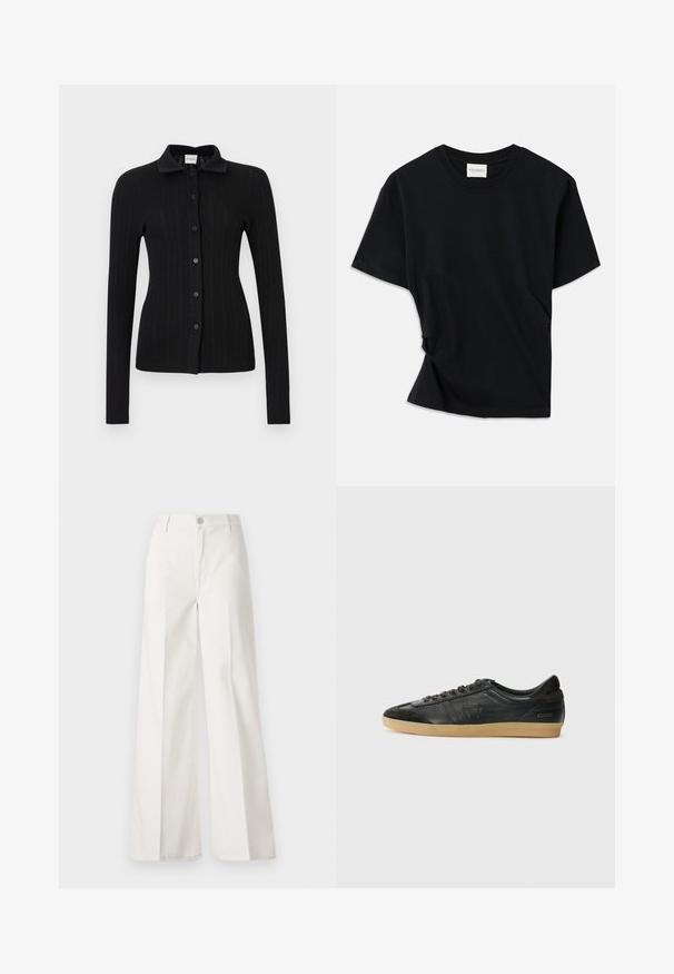 Black ribbed cardigan with a collar, long sleeves, and button front closure. Features a textured surface and fitted design.; Black t-shirt made of soft cotton, featuring a crew neckline, short sleeves, and a slightly twisted design for a relaxed fit.; White wide-leg trousers made from cotton with a smooth texture. Features a front button, zipper fly, and four-pocket design.; Black leather sneaker with suede accents, round toe, gum rubber sole, flat laces, and stitched detailing. Features brand logo on heel.