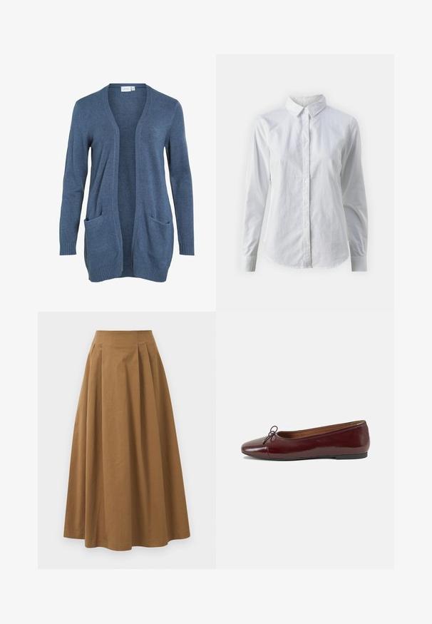 Långärmad, öppen kavaj i mörkblått stickat tyg med två framfickor och ribbade ärmslut. Mjuk textur, avslappnad passform.; Vit skjorta med knappar, tillverkad av mjuk bomull, med klassisk krage, långa ärmar och en böjd fåll. Knapparna är små och vita.; Brun bomull A-linje kjol med hög midja, med veck ned längs framsidan och en mjuk textur. Sömmen är ren och enkel.; Burgunderfärgad lackläderballettskor med rund tå, liten rosettdekoration fram och en låg, svart gummisula. Slät textur.