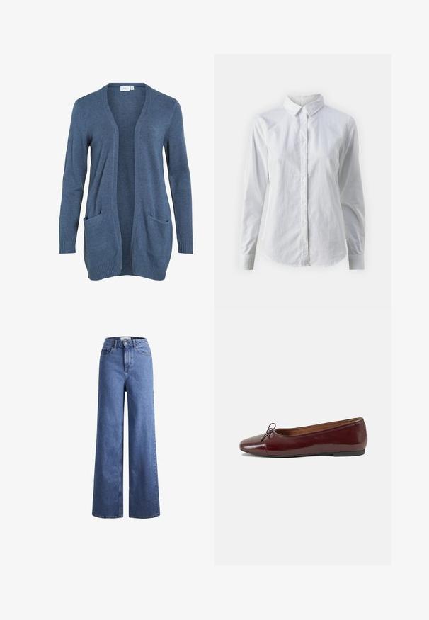Cardigan cu mânecă lungă, deschis în față, din țesătură tricotată de culoare albastru închis, cu două buzunare frontale și manșete ribbate. Textură moale, croi lejer.; Cămașă albă cu nasturi, confecționată din bumbac neted, având un guler clasic, mâneci lungi și un tiv curbat. Nasturii sunt mici și albi.; Jeans din denim de culoare albastră deschisă, cu croială largă și talie înaltă, prevăzuți cu două buzunare frontale și cusături vizibile. Au închidere cu nasture și fermoar.; Balerini din piele patent burgund cu vârful rotund, accent de fundiță mică în față și talpă joasă din cauciuc negru. Textură netedă.