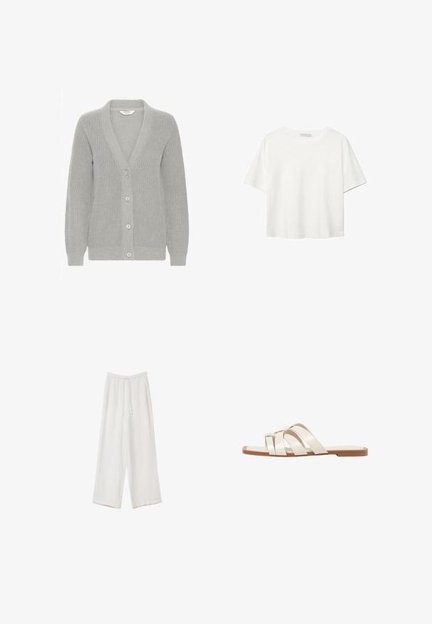 Grauer gestrickter Cardigan mit V-Ausschnitt, gerippter Textur, fünf Knöpfen auf der Vorderseite und langen Ärmeln. Leicht und vielseitig einsetzbar.; Weißes T-Shirt mit kurzen Ärmeln aus Baumwolle. Hat einen Rundhalsausschnitt und eine lockere Passform. Glatte Textur ohne sichtbare Muster oder Akzente.; Weiße weit geschnittene Hose aus leichtem Stoff. Mit einem elastischen Bund und Kordelzug sowie Seitentaschen. Glatte Textur.; Flache Sandalen mit einer honigfarbenen Gummisohle, gestaltet mit drei überlappenden weißen Lederriemen und einem kleinen Schleifendetail in der Mitte.