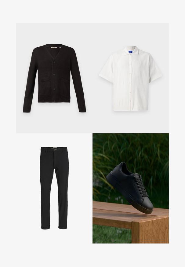 Svart stickad cardigan med V-hals, framknäppning och två framfickor. Ribbad ärm och nederkant, strukturerad tyg.; Kortärmad, vit knapp-up-skjorta i lätt tyg som har en klassisk krage och subtil textur. Knapparna är jämnt placerade.; Svarta bomullsblandade byxor med en smal passform, med knappstängning, fickor och uppvikta fållar för en avslappnad stil.; Svart lädersneaker med snören verkar sväva ovanför en trämöbel, med grön gräs och växter i den suddiga bakgrunden.