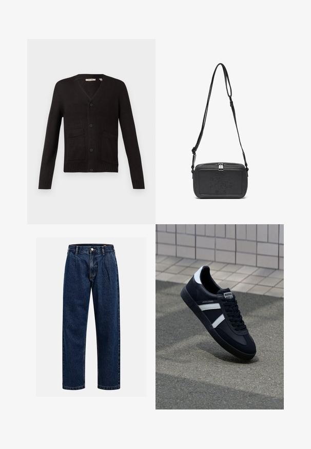 Melns adīts kardigāns ar V veida kaklu, priekšējo pogu aizdari un divām priekšējām kabatām. Ribotas piedurknes un apakša, strukturēta auduma.; Krēmkrāsas kokvilnas T-krekls ar īsām piedurknēm un apaļu kakla izgriezumu. Ar zilas un sarkanas krāsas grafisku druku, kas ietver tekstu un motīvu.; Tumši zilie džinsu bikses ar taisna kāju dizainu. Iezīmējas redzamas šuves, pogu aizdare un priekšējie gurni papildu detaļām.; Melnā ādas sporta apavi ar baltām svītrām, teksturēta gumijas zole un auklu aizdare. Iekļauj zīmola etiķeti uz mēles.; Melna ādas soma uz pleca ar zīmolu, slēdzamu rāvējslēdzēju un regulējamu siksnu. Gluda tekstūra un taisnstūru forma.