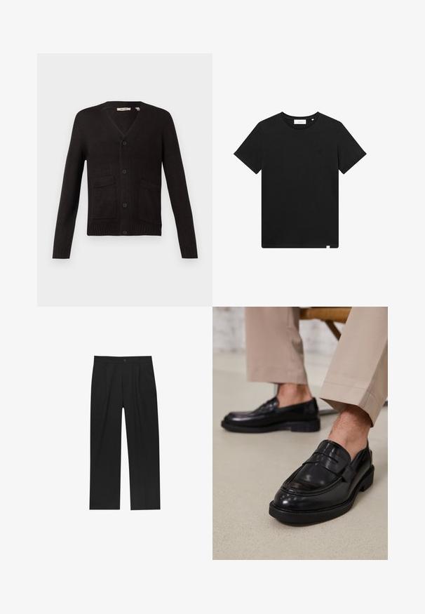 Zwarte gebreide cardigan met een V-hals, knoopsluiting aan de voorkant en twee voorkanten zakken. Ribgebreide manchetten en zoom, gestructureerde stof.; Zwarte T-shirt met korte mouwen van katoen, met een ronde hals en een klein logo geborduurd op de borst. Soepele textuur, normale pasvorm.; Zwarte broeken met een recht model, gemaakt van een gladde stof. Voorzien van een voorplooien en een enkele knoopsluiting bij de taille.; Zwarte leren loafers met een gladde afwerking, voorzien van een decoratieve band en contrasterende stiksels, gecombineerd met beige broeken.