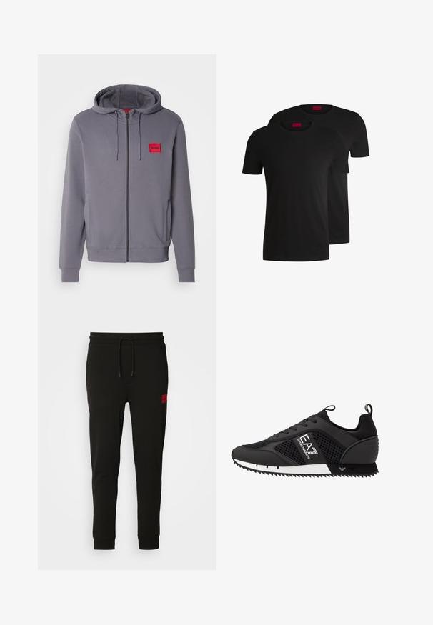 Sudadera gris con cremallera y capucha ajustable, bolsillos laterales, puños acanalados y un parche de logo en forma de cuadrado rojo en el lado izquierdo del pecho. Textura suave.; Dos camisetas de algodón negras con mangas cortas y cuello redondo. Ambas presentan una etiqueta de marca roja en el cuello. Diseño simple y clásico.; Pantalones de chándal negros hechos de tela suave, con cintura ajustable con cordón, corte slim y un parche de logo rojo en el muslo izquierdo.; EA7 Emporio Armani Zapatillas - black/white