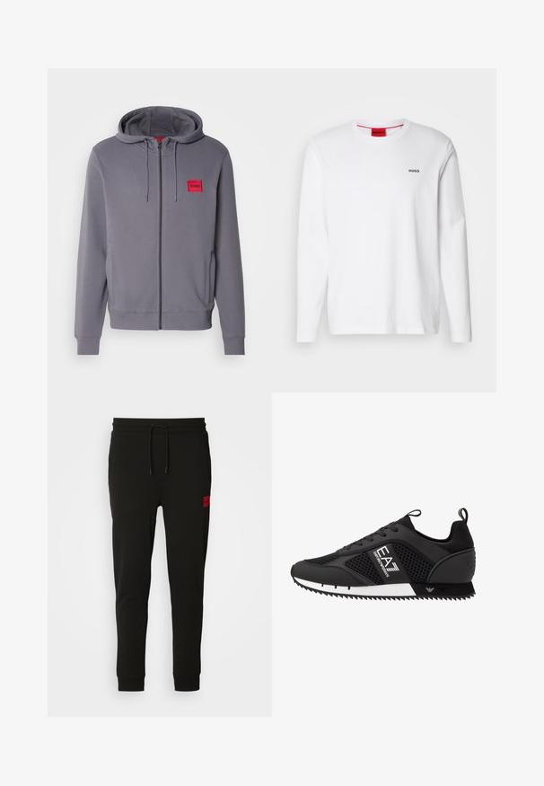 Sivá mikina s kapucňou a zipsom, so šnúrkou na kapucni, bočnými vreckami, rebrovanými manžetami a červeným štvorcovým logom na ľavej hrudi. Hladký povrch.; Biela dlhá bavlnená košeľa s dlhým rukávom, so zaobleným výstrihom, čiernym logom "HUGO" na ľavej hrudi a hladkou textúrou.; Čierne tepláky vyrobené z mäkkého materiálu, s nastaviteľným pásom, slim fit strihom a červeným logom na ľavom stehne.; EA7 Emporio Armani LACES UNISEX - Tenisky - black/white
