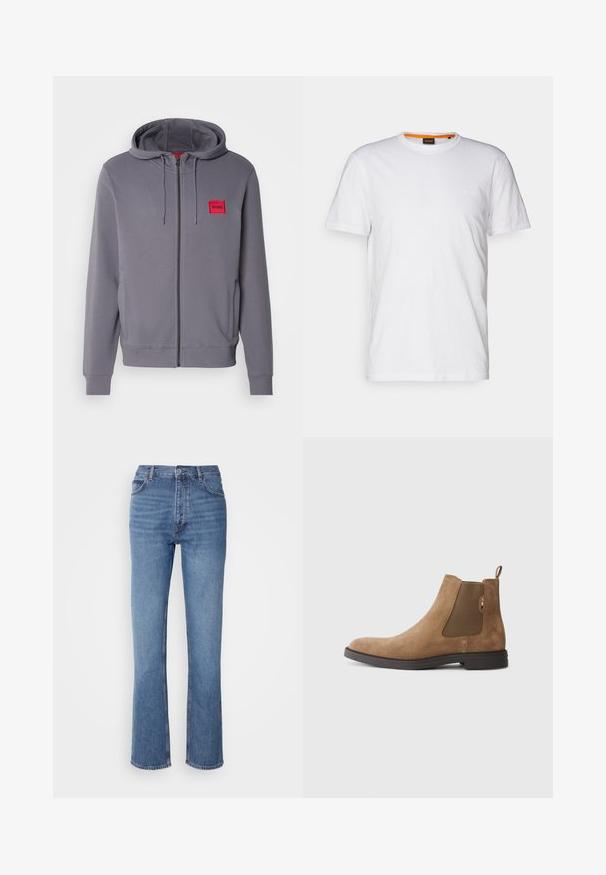 Felpa grigia con zip e cappuccio regolabile, tasche laterali, polsini a coste e una toppa quadrata rossa sul lato sinistro del petto. Texture liscia.; T-shirt bianco in cotone con collo rotondo, maniche corte e un logo a rilievo discreto sul petto. L'etichetta interna ha un accento arancione.; Jeans in denim blu con vita alta, design a gamba dritta e leggera sbiaditura. Presentano il classico stile a cinque tasche e chiusura con zip.; Stivale Chelsea in suede marrone con pannelli elastici laterali e un pull tab. Presenta una punta arrotondata e una suola piatta in gomma per stabilità.