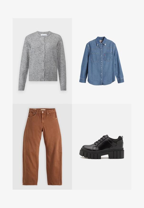 Grå ull cardigan med knapper, ribbede mansjetter og søm. Rund hals, myk tekstur, tettsittende design. Ingen synlige mønstre eller detaljer.; Lyseblå denimskjorte med lange ermer, spiss krage, to brystlommer og kontrasterende søm. Har et vestlig stil yoke-design.; Rostbrune rett-skaftede jeans med front- og baklommer, metallnitter, knappeåpning og beltehemper, lagt flatt på en hvit bakgrunn.; Svarte lærplattformsko med kraftig blokkhell, rund tå og tradisjonell snøring. Har en jevn tekstur og minimal detaljering.