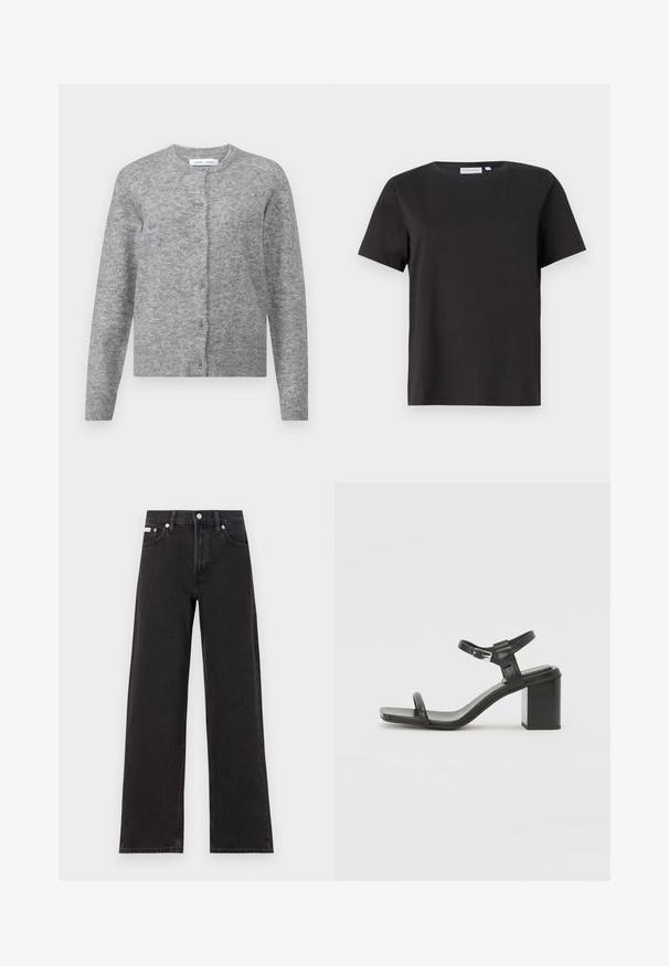 Hall värvi villane kardigan nupudega, ribitud varrukate ja äärega. Ümar kaelus, pehme tekstuur, keha ligi ulatuv disain. Ilma nähtavate mustrite või aktsentideta.; Must mustaga t-särk lühikeste varrukatega, ümar kaelus ja lihtne, puhas disain. Ilma nähtavate mustrite või ääristusteta.; Mustad laiad mustad teksad, millel on kõrge vöökoht, viie tasku stiil ja metallist nööpkinnitus kontrastsete õmblustega.; Must mustast blokknõgaga sandaalid, millel on lai rihm varvaste kohal ja reguleeritav pahkluurihm, omades stiilset ja minimalistlikku disaini.
