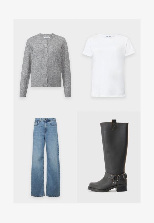 Gray wool cardigan with buttons, ribbed cuffs, and hem. Round neckline, soft texture, fitted design. No visible patterns or accents.; White short-sleeve t-shirt made of cotton with a crew neck design. Smooth texture and straight cut, no patterns or accents.; Light blue wide-leg jeans made of denim, featuring a high waist, front pockets, and a classic five-pocket design, with subtle fading.; Black leather knee-high boot with a textured finish, featuring a side buckle accent and a low heel. Detailed stitching along the seams.