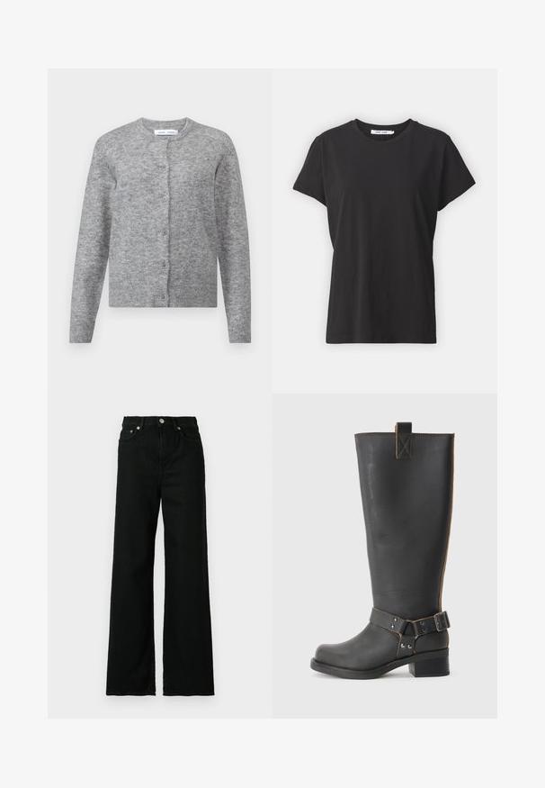 Pelēks vilnas kardigāns ar podziņām, ribotiem aproču un apakšmalas galiem. Apaļa kakla izgriezums, mīksta tekstūra, pieguļoša forma. Nav redzamu rakstu vai akcentu.; Melna kokvilnas T-kreklā ar klasisku apaļu kaklu, īsām piedurknēm un brīvu piegriezumu. Gluda tekstūra, nav redzamu rakstu vai akcentu.; Melni denimi džinsi ar augsto jostasvietu, platu kāju griezumu, ar priekšējo pogu un rāvējslēdzēju, kā arī klasisko piecu kabatu dizainu.; Melnas ādas līdz ceļiem augstas zābakus ar teksturētu apdari, ar sānu sprādzi un zemu papēdi. Izšūšana gar šuvēm.