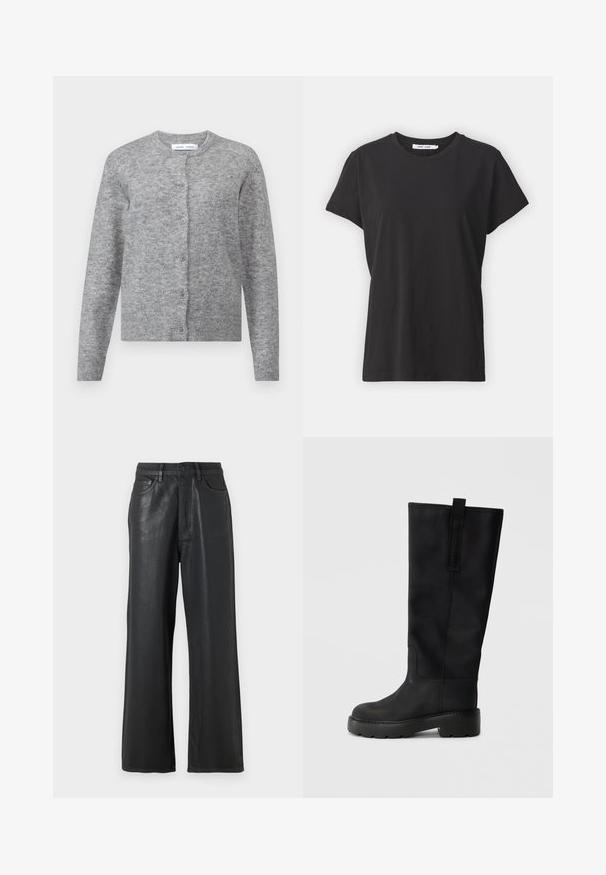 Harmaa villainen neuletakki nappien kanssa, ribbaatut hihansuut ja helma. Pyöreä kaula-aukko, pehmeä rakenne, sovitettu muotoilu. Ei näkyviä kuvioita tai yksityiskohtia.; Mustat puuvillapaidat, joissa on klassinen pyöreä kaula-aukko, lyhyet hihat ja rento istuvuus. Sujuva tekstuuri, ei nähtäviä kuvioita tai yksityiskohtia.; Mustat löysät housut, jotka on valmistettu kiiltävästä materiaalista. Ominaisuuksiin kuuluu nappisuljenta, vyölenkit ja etutaskut, joilla on sileä pinta.; Mustat polvipituiset saappaat, jotka on valmistettu sileästä nahasta. Niissä on pyöreä kärki, paksu pohja, jossa on urituksen, ja takana vetotappi.