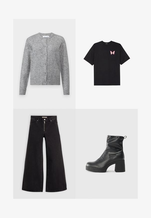 Sivkasta volnenega kardigana z gumbi, rebrastimi manšetami in robom. Okrogli ovratnik, mehak teksturiran material, prilegajoča se zasnova. Brez vidnih vzorcev ali dodatkov.; Črna bombažna majica s kratkimi rokavi, ki ima majhen roza metuljček na levi strani prsnega dela. Majica s krožnim ovratnikom in sproščenim krojem.; Široke traperice iz črnega denima z zadrgo spredaj, petimi žepi in diskretnimi šivi. Gladka tekstura in ležeren slog.; Črne gležnjarje iz gladke kože z božnim zadrgo, masivnim teksturiranim peto in zaobljeno obliko prstov.