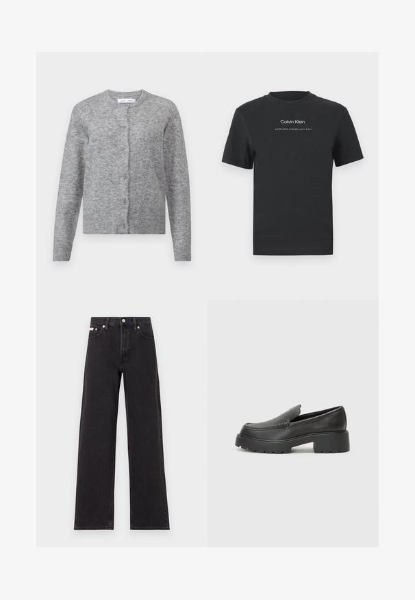 Szürke gyapjú kardigán gombokkal, bordás mandzsettával és aljjal. Kerek nyakú, puha textúrájú, testhezálló dizájn. Nincs látható minta vagy díszítés.; Fekete pamut póló kerek nyakkivágással, rövid ujjakkal, fehér nyomott "Calvin Klein" logóval és "Established 1968" felirattal.; Fekete, bőszárú farmernadrág, magas derekú, öt zsebes kialakítással és fém gombos záródással, kontrasztos varrással.; Fekete bőr loafer cipők kerek orral, vastag, texturált talppal és minimális varrási részletekkel. Áramvonalas dizájn, látható fűzők vagy fém részek nélkül.