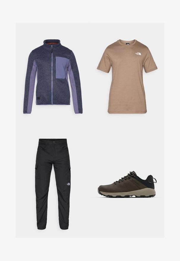 Casaco azul marinho com fecho éclair, corpo em malha texturizada e mangas lisas roxas. Apresenta um bolso no peito e gola alta. Etiqueta preta na bainha.; T-shirt de manga curta, de algodão castanho claro, com um pequeno logótipo branco no peito. Decote redondo clássico, textura suave e corte padrão.; The North Face HORIZON PANT - Calças para exterior - black; Ténis impermeáveis castanhos com um upper texturizado, detalhes perfurados, apoio para o calcanhar preto e uma sola de borracha cinza. Os atacadores têm extremidades metálicas.