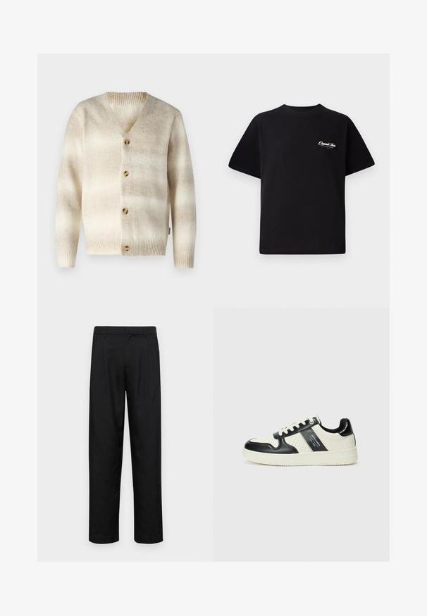 Only & Sons ONSMARCEL - Gilet - cloud dancer; T-shirt en coton noir avec col rond, manches courtes et petit texte logo blanc sur la poitrine gauche. Conception simple, coupe classique.; Pantalons noirs en tissu lisse, avec une coupe droite, deux plis avant et une taille standard avec passants de ceinture.; Baskets en cuir avec un schéma de couleurs noir et crème, dotées d'accents perforés, d'un col rembourré et d'une semelle texturée.