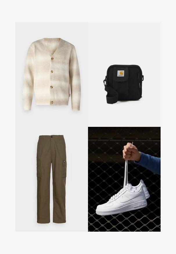 Only & Sons ONSMARCEL - Cardigan - cloud dancer; White short-sleeve t-shirt made of cotton, featuring a crew neckline and a smooth texture, with a straight cut and no patterns.; Cargo pants in olive green, made of durable fabric. Features two side pockets, a standard waist, and a straight-leg design.; White leather sneakers with perforations, round toe, flat sole, and thick laces, featuring a visible swoosh logo and "AIR" on the heel.; Black crossbody bag with a zippered main compartment, front pocket, adjustable strap, and a visible logo patch on the flap.