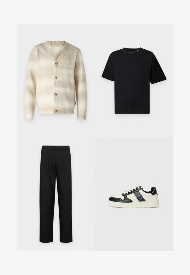 Only & Sons ONSMARCEL - Gilet - cloud dancer; T-shirt noir à manches courtes et col ras du cou avec une coupe décontractée, présenté sur un fond blanc.; Pantalons noirs en tissu lisse, avec une coupe droite, deux plis avant et une taille standard avec passants de ceinture.; Baskets en cuir avec un schéma de couleurs noir et crème, dotées d'accents perforés, d'un col rembourré et d'une semelle texturée.