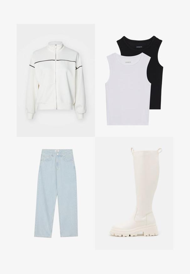 ONLY ONLLETT ZIP - Majica s kapuljačom i patentnim zatvaračem - birch; Dva majica bez rukava u crnoj i bijeloj boji, izrađene od rebrastog pamuka, s okruglim izrezima i prianjajućim dizajnom. Oznake su vidljive na obje.; Svijetloplave široke traperice s srednjim strukom, pet džepova i zatvaranjem na gumba s uskim metalnim detaljem.; Čizmice od bijele gume do koljena s debelim potplatom i bočnim elastičnim panelima. Imaju hvataljke na vrhu za lakše oblačenje. Glatka tekstura.