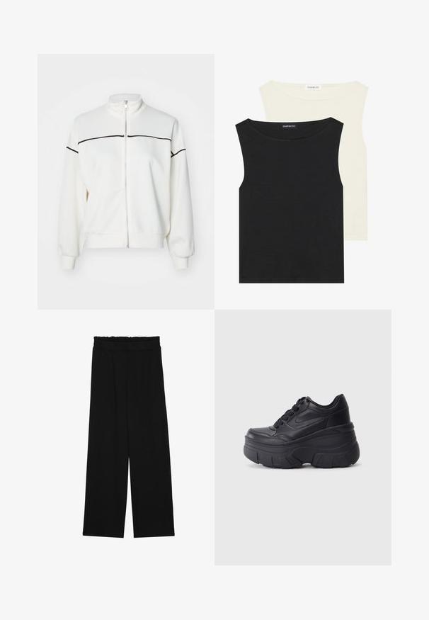 ONLY ONLLETT ZIP - Sweater met rits - birch; Zwarte en crèmekleurige mouwloze tops van katoen, met ronde neklijnen en een gladde textuur, gestapeld met zichtbare labels.; Zwarte wijde broek met een gerimpelde tailleband, voorzien van twee zijzakken en een soepele, lichte stof. Geen zichtbare patronen of hardware.; Zwarte vetersneakers met een dikke zool, voorzien van een bovenwerk van soepel leer, een ronde neus en een herkenbaar gelaagd platformontwerp.