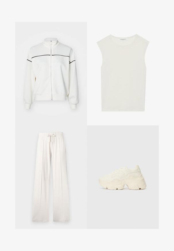 ONLY ONLLETT ZIP - Sudadera con cremallera - birch; Top blanco sin mangas con escote redondo. Hecho de una tela suave, presenta un corte relajado y un diseño minimalista. Sin patrones ni acentos.; Pantalones de chándal de color beige claro, confeccionados en tejido suave, que cuentan con una cintura con cordón, piernas anchas y costuras verticales, con una textura lisa.; Zapatillas blancas gruesas hechas de malla texturizada y materiales sintéticos, con una suela gruesa y detalles de patrones intrincados a lo largo de los lados.