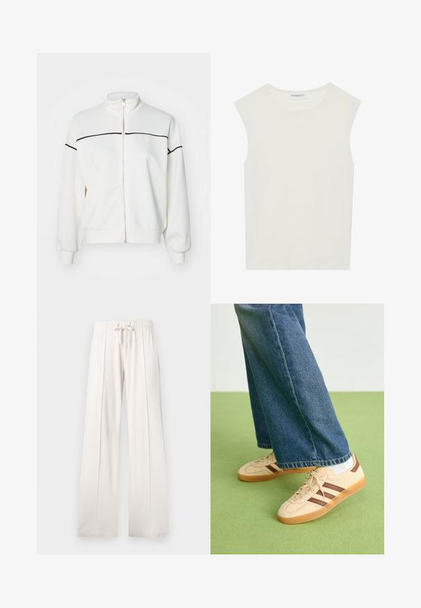 ONLY ONLLETT ZIP - Bluză de molton cu fermoar - birch; Top alb fără mâneci, cu decolteu rotund. Fabricat dintr-un material neted, prezintă o croială lejeră și un design minimalist. Fără modele sau accente.; Pantaloni de trening bej deschis, confecționați dintr-un material moale, având o talie cu șnur, picioare largi și cusături verticale, cu o textură netedă.; Tenisi bej cu panouri texturate de culoare crem și dungi maro, asortați cu blugi din denim albastru. Blugii au un croi larg și o margine desfăcută.
