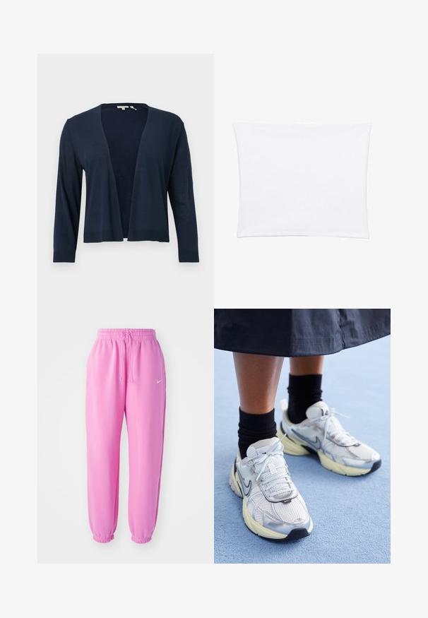 Tmavě modrý cardigan, lehký pletený materiál, otevřený přední design, dlouhé rukávy, žebrované manžety a lem, hladká textura, bez zapínání a vzorů.; Bílý povlak na polštář s hladkým, jemným povrchem, s obdélníkovým tvarem a čistými okraji, navržený pro standardní velikosti polštářů.; Růžové tepláky s elastickým pasem a šňůrkou na stažení. Spodní část nohavic je zúžená. Na levém stehně se nachází malé bílé logo Nike.; Bílé a stříbrné tenisky Nike z prodyšné tkaniny s reflexními akcenty a béžovou podrážkou. Nosené s černými ponožkami, stojící na modrém povrchu.