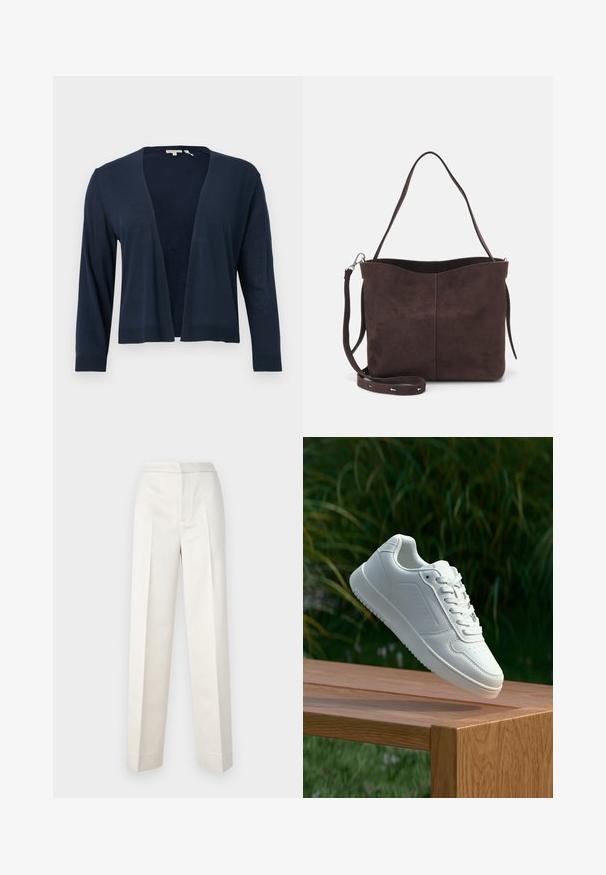 Cardigan bleumarin, material tricot ușor, design deschis în față, mâneci lungi, manșete și tiv cu nervuri, textură netedă, fără închizători sau modele.; Două topuri din bumbac, unul alb și unul negru. Fiecare are un decolteu adânc și bretele subțiri, având o textură netedă și moale.; Pantaloni de culoare crem, cu o croială ajustată, având picioare drepte, material neted, pliseuri frontale și tiv curat. Design minimalist.; Sneaker alb cu un upper sintetic neted, cu vârf perforat, șireturi plate și o talpă texturată, expus pe o suprafață de lemn.; Geantă tote din suede maro, cu o textură moale, având un singur mânere pentru umăr și o deschidere superioară subtil curbată. Fără detalii hardware vizibile.