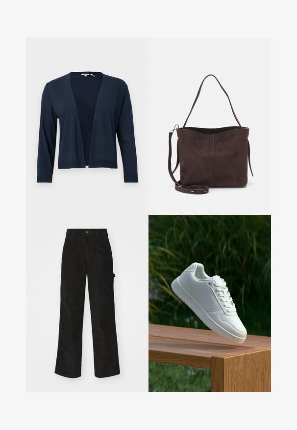 Marineblå cardigan, let strikket materiale, åben frontdesign, lange ærmer, ribbede manchetter og kant, glat tekstur, ingen lukninger eller mønstre.; To bomulds crop tops i hvid og sort. Hver har en dyb udskæring og tynde skulderstropper, der har en glat, blød tekstur.; Sorte kordfløjsbukser med et lige ben-design, der har en knaplukning og sidelommer. Glat tekstur med fine lodrette striber.; Hvid sneaker med en glat syntetisk overdel, perforeret tåboks, flade snørebånd og en tekstureret sål, præsenteret på en træoverflade.; Brun ruskinds tote bag med en blød tekstur, der har en enkelt skulderrem og en diskret buet topåbning. Ingen synlige hårde detaljer.