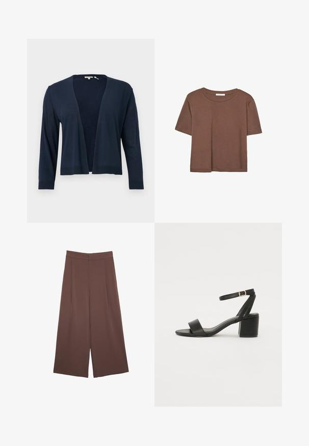 Granatowy kardigan, lekki materiał dzianinowy, otwarty przód, długie rękawy, ściągacze przy mankietach i na dole, gładka tekstura, bez zapięć i wzorów.; Brązowa koszulka z krótkim rękawem, wykonana z miękkiego materiału, z okrągłym dekoltem i luźnym krojem. Brak widocznych wzorów lub akcentów.; Brązowe spodnie o szerokich nogawkach z gładką fakturą, z wysokim stanem i plisami z przodu. Materiał jest lekki i luźno opada.; Czarne sandały na obcasie z gładkiej skóry, z odkrytymi palcami, szerokimi przednimi paskami oraz regulowanym paskiem na kostkę z detalem w postaci złotego zapięcia.